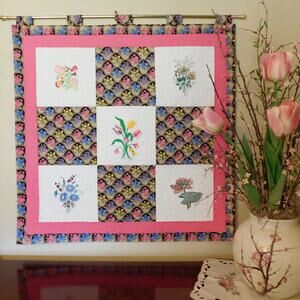 Home Decor Quilted Wall Hanging, Embroidered Floral Squares, 33" x 33"